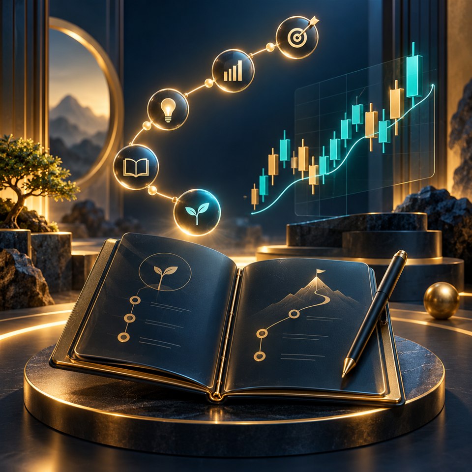 Open learning notebook beside a rising market chart