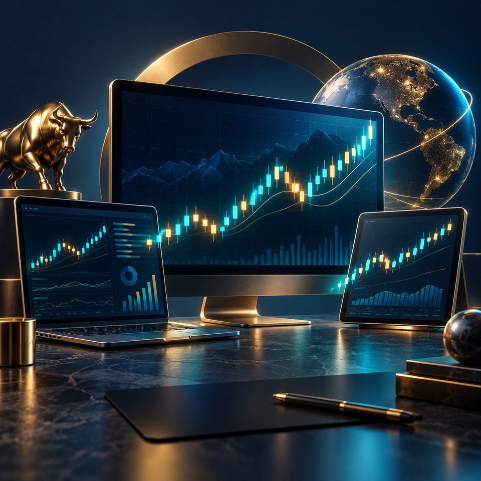 Trading charts displayed across desktop, laptop and tablet platforms
